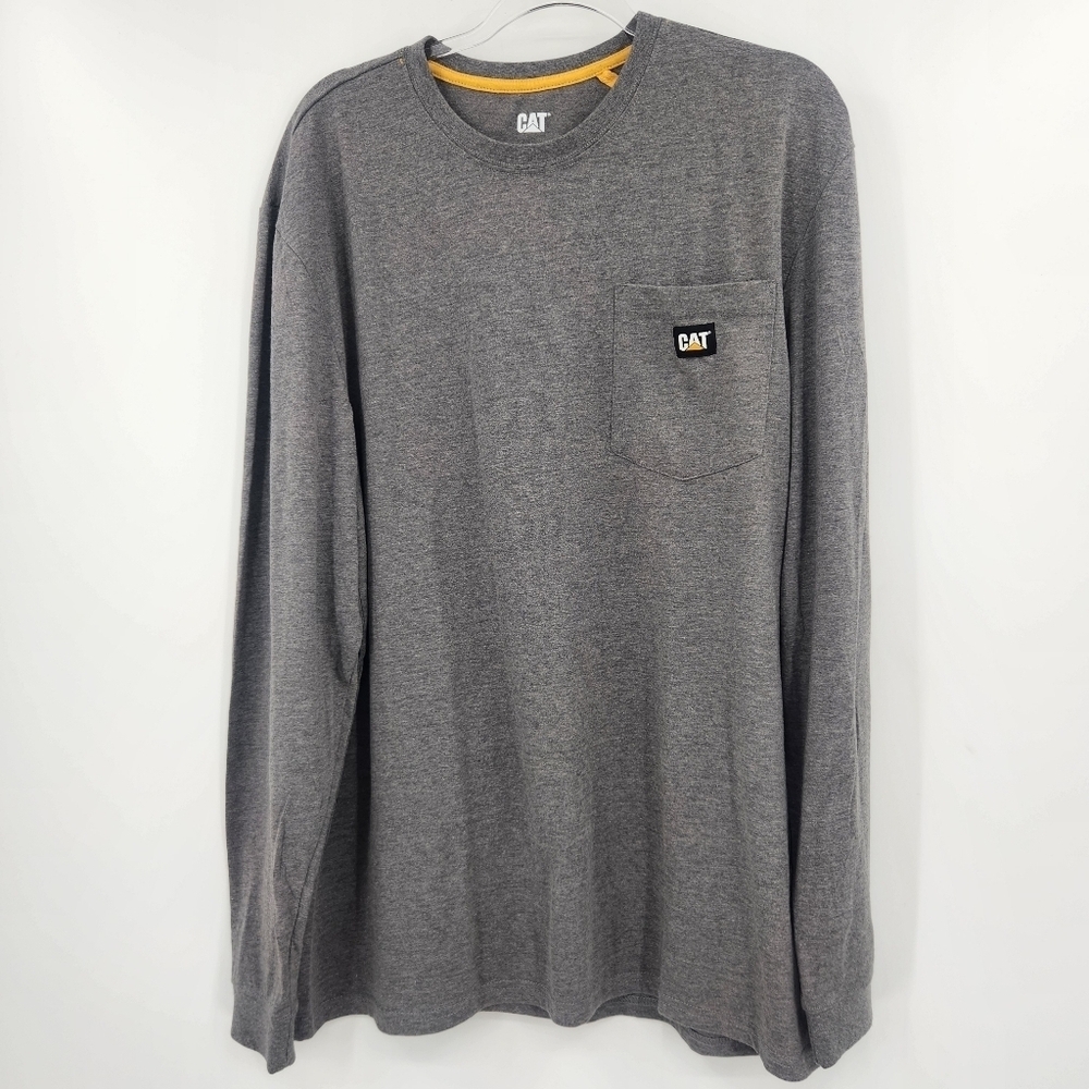 Caterpillar CAT Long Sleeve Pocket Tee Logo Mens Size XL Heathered Gray